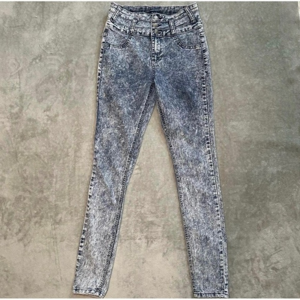 Cello Jeans Juniors Size 5 *25x29.5 Acid Wash Mid Rise Skinny Triple Button Blue